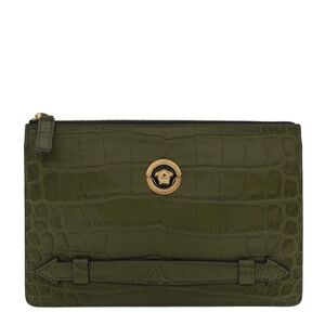 Versace Medusa Men Clutch Pouch Military Green Leather New